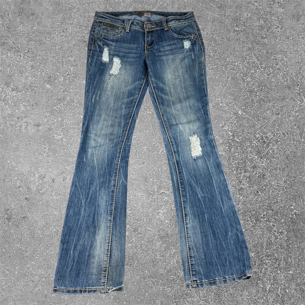 Almost Famous Flare Jeans Womens 7 Blue Distressed Low Rise Y2K Grunge 30x32